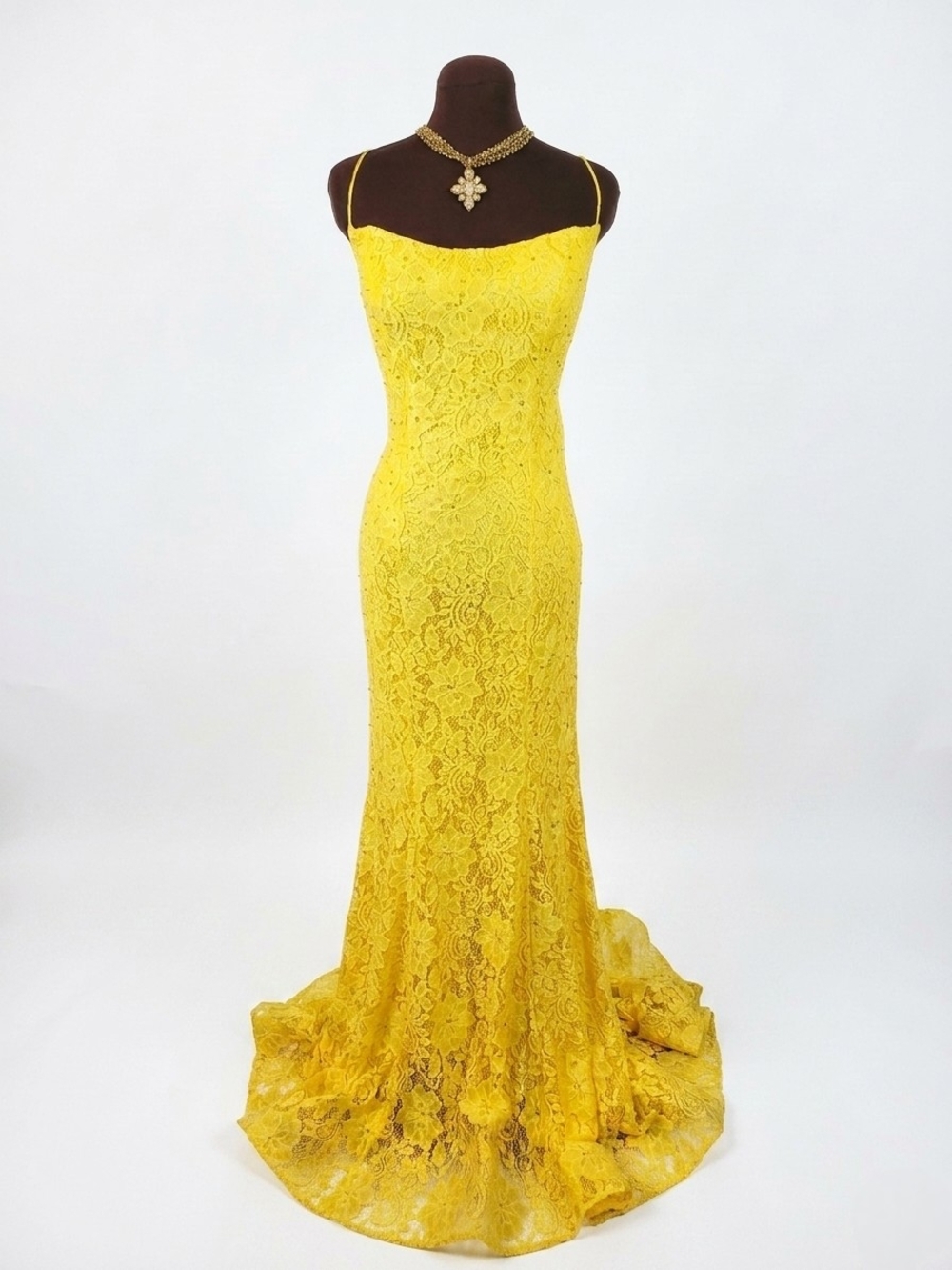 New Sherri Hill Yellow Lace Spaghetti-Strap Maxi Gown